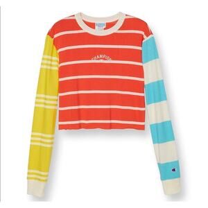Champion Long Sleeve Colorblock Striped Cropped Coral Blue Yellow Sporty sz L